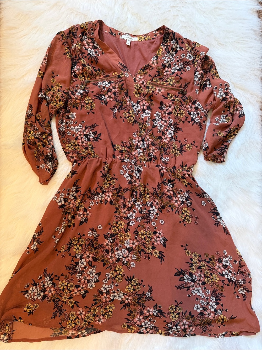 Maurices Rust Floral Long-Sleeve V-Neck Dress